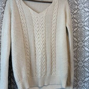 Cream Cable Knit V-Neck Women's Sweater